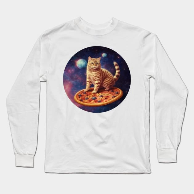 Funny Galaxy Cat In Space Cat Riding Pizza Long Sleeve T-Shirt by Happy Shirt